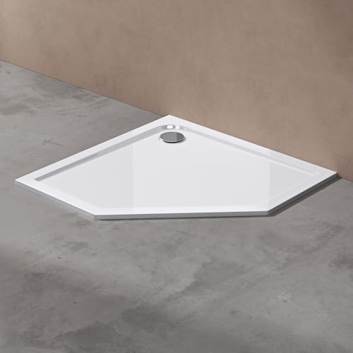 doporro Duschtasse Duschwanne 90x90x4 flach aus Acryl in Weiß Fünfeckig | Duschwanne für bodenebene Montage mit DIN-Anschlüssen – stabil & pflegeleicht für moderne Duschen Faro5