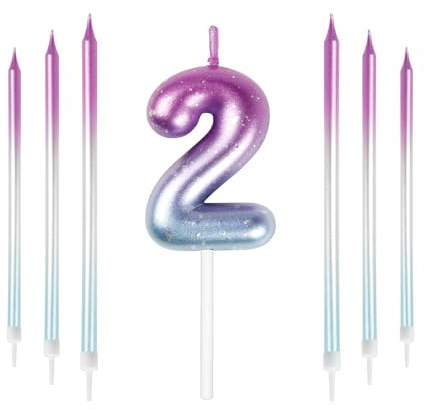 Mciskin Bunte Zahlenkerzen, Kerze für Kuchen, Geburtstagskerzen, Hochzeitsdekorationen, Partykerzen, Geburtstagskerzen für 2 Jahre, Jungen, Mädchen, Tortenaufsatz, Geburtstagskerzen Nummer 2