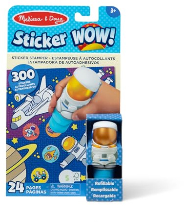 Melissa & Doug Sticker Wow! Blocco attività di 24 Pagine e Timbratore di Adesivi, 300 Adesivi, Personaggio da Collezione Giocattolo Fidget per Lavoretti Artistici, Astronauta, Certificato FSC