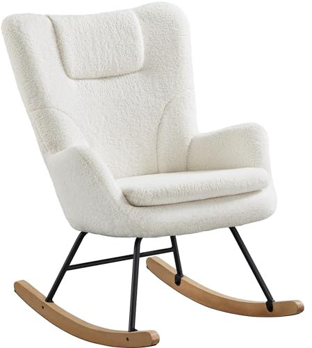 Yaheetech Sedia a Dondolo Relax Poltroncina Imbottita Poltrona Casa Rivestimento in Tessuto 70 × 82,5 × 95,5 cm Base Dondonlante Legno per Soggiorno/Camera da Letto 70 × 82,5 × 95,5 cm Bianco