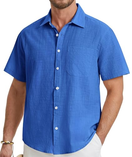 HISDERN Men's Blue Linen Short Sleeve Shirts Casual Summer Beach Button Down Shirt with Pocket Regular Fit XL