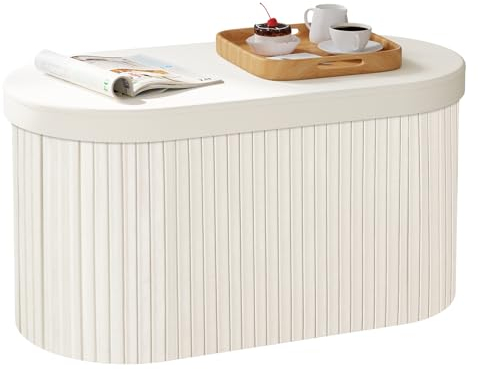 WOLTU Sitzbank mit Stauraum, Sitztruhe faltbar mit Deckel, Sitzbank aufbewahrungsbox, Truhenbank, Polsterbank rund aus Velvet MDF, 76x38x38 cm, Creme