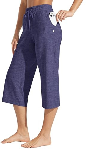 WILLIT capribyxor för kvinnor, bomull, yoga, capribyxor, lediga loungebyxor, breda ben, träning, sweatpants med fickor, 50 cm, Blåviolett, L