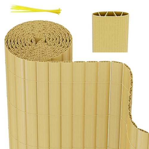 Herrselsam PVC Sichtschutzmatte, Sichtschutzzaun mit Kabelbindern, Wetterfest Sichtschutz Garten Balkon Terrasse Sichtschutzzaun, Interne W-Struktur Verstärkte Lamellen, 100x500 cm, Bambus