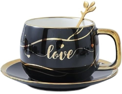 MAGICVOGEL Goldrand Kaffeetasse mit Untertase und Löffel,280ml Porzellan Kaffeebecher Teetasse Espressotasse Europäische Mokkatasse Cappuccino Tasse Nachmittagstasse (Schwarz)