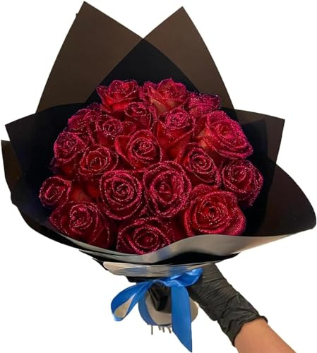 (Self-Assembly) Glitter Rose Bouquet Red Artificial Rose Flowers Bouquet Shiny Fake Roses Bouquet, DIY Bouquet Shiny Fake Rose Bouquet Love Gift, Love Gifts for Valentine's Day Gift (Red, 24Pcs)