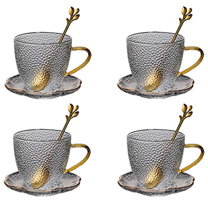 RUNZE765Z Tazza Di Caffè Premium classica Vetro tazza di caffè fatto a mano tazza di caffè di modo, tazza del latte, tazza di tè con piattini e Golden Cucchiaio 5.4 oz Espresso Coppe, Set di 4 Tazza