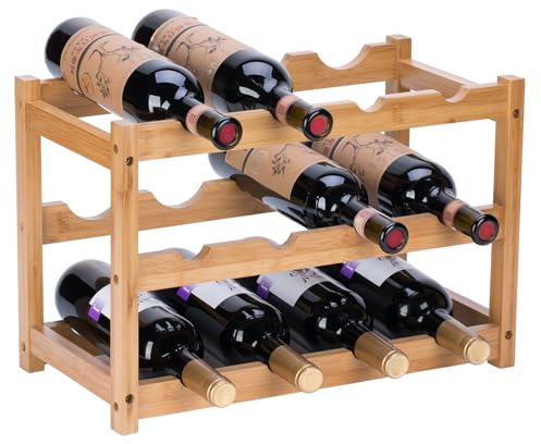 YunNasi PortaBottiglie di Vino, Portabottiglie da Tavolo in Bambù Naturale, Vintage Espositore Bottiglie Scaffale Cantinetta Portabottiglie per Cucina, Bar, Cantina(3 livelli-12 bottiglie)