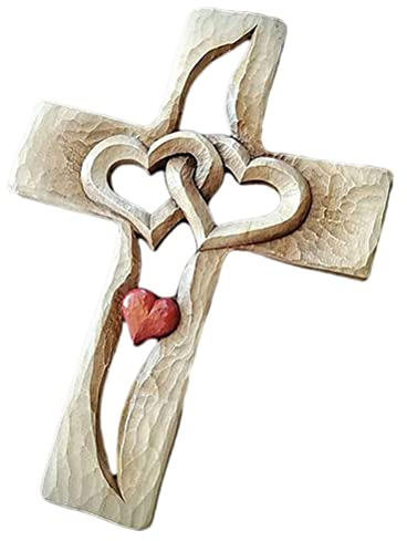 Masyrt Kreuz Holzkreuz, 22 * ​​​17 * 5 geschnitztes Kreuz verschlungene Herzen Liebe Holzkreuz handgeschnitztes Design Wandbehang Zuhause Wohnzimmer Dekor (Farbe)