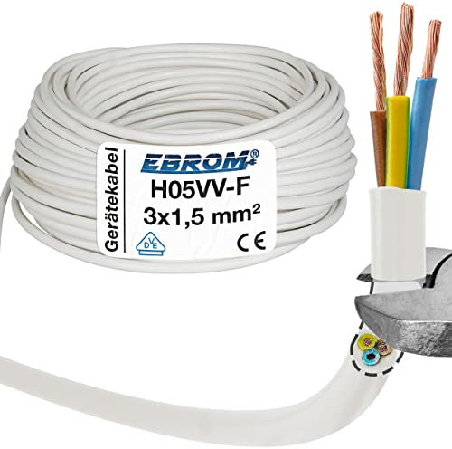 50 Meter - EBROM - H05VV-F 3x1,5 mm² PVC Schlauchleitung, weiß - Gerätekabel, LED Kabel, flexible Leitung, 3G1,5 mm2 Kunststoffschlauchleitung, Kabel für Haushaltsgeräte, Stromleitung, Stromkabel