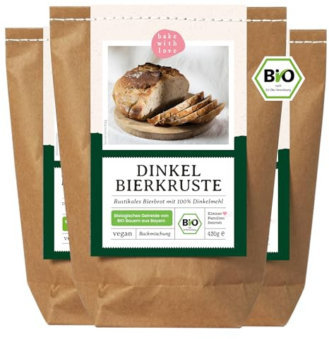 Bio Dinkel Bierbrot Backmischung – 100 % Dinkelmehl aus Bayern & Sauerteig – aromatisches Dinkelbrot mit leichter Biernote – für Brotbackautomat & Ofen – Bake with Love - 3er Pack