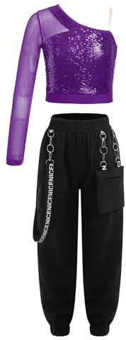 Xnihocha Conjuntos de disfraz para niñas Hip Hop ropa de baile para niños con lentejuelas, camisetas de manga larga con pantalones, traje de baile de fitness, morado, 158-164