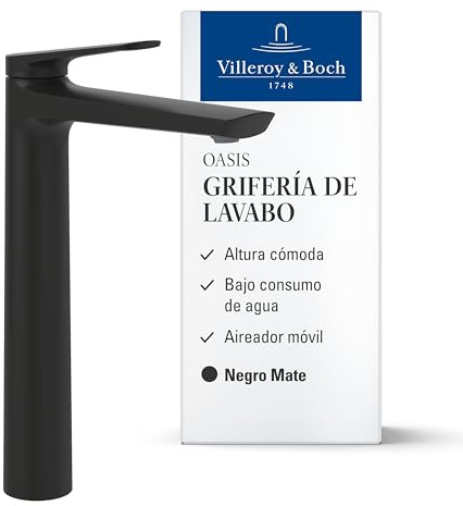 Villeroy & Boch Oasis Waschtischarmatur, Auslaufhöhe 245 mm – Schwarz Matt | Ohne Ablaufgarnitur, wassersparend, Keramikkartusche, modernes rundes Design, TVW115002001K5