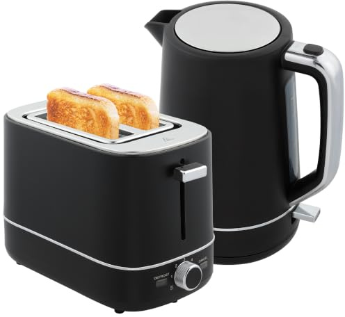 HOMCOM Wasserkocher Toaster Set mit 2200 W 1,7L Wasserkocher Schwarz | 2 ScheibenToaster, 6 Bräunungsstufen, Aufwärmen und Auftauen, Frühstück-Set, Kalkfilter, Krümelfach