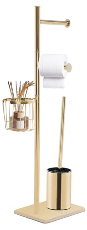 Edelstahl Klopapierhalter Stehend mit Klobürste, Gold Toilettenpapierhalter mit WC-Bürste und Eckenkorb, WC Garnitur mit Toilettenpapierhalter Stehend und Toilettenbürste
