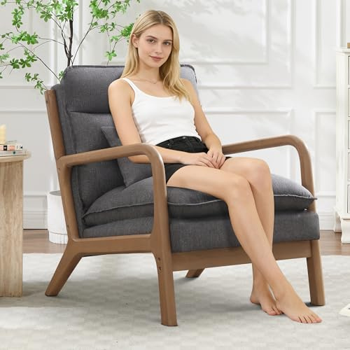 EBELLO Modern Accent Chair, Solid Wood Padding Armchairs With Lumbar Pillow, Reading Chair with Soft Cushion, Lounge Chairs for Living Room, Bedroom, Balcony, Grey