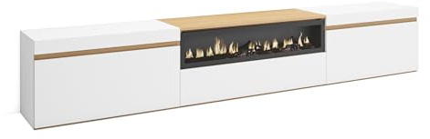 Skraut Home | TV-Schrank, Lowboard | für Wohnzimmer und Esszimmer | 260x45x35cm | Für großformatiges TV | Elektrokamin. | Moderner Stil | Weiß und Eiche Soft
