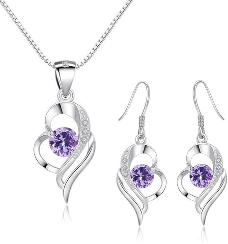 Kamise Schmuck Set Silber, 925 Sterling Silber Kette & Hängend Ohrringe | Herz, Zirkonia, Hypoallergen, Schlafen, Geburtstag Valentinstag, für Frauen Freundin, Schmuck, Geschenk, Romantic, 45cm