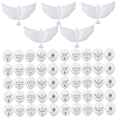 50 Pcs White Memorial Balloons with 5 Pcs Pace Dove Balloons Personalizable Writable White Reusable Latex Memorial, to Release in Sky
