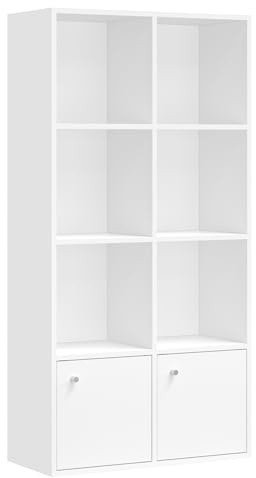 VASAGLE Custos Colección - Estantería, Librería de 4 Niveles, Estantería de Almacenamiento, 29 x 65,8 x 130 cm, 2 Compartimentos con Puertas, Sala de Estar, Estudio, Comedor, Blanco Nube LBC508WB01