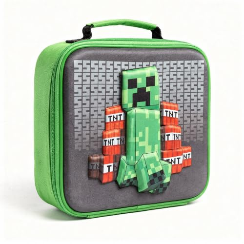 Minecraft Creeper 3D Kids Lunch Bag for School - Durable Insulated Food Bag for Lunch Boxes and Snacks + Handle + Zip for Minecraft Game Fans