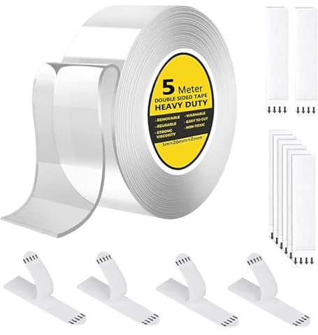 Ruban adhésif double face puissant (5,0 m × 2,0 cm × 2 mm) + 8 paires (16 pièces) de bandes de fixation (grandes, 70 × 16 mm) – Bandes adhésives murales amovibles sans dommages pour accrocher des