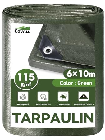 COVALL Green Tarpaulin 6m x 10m,115gsm Waterproof UV Resistant Heavy Duty Tarp