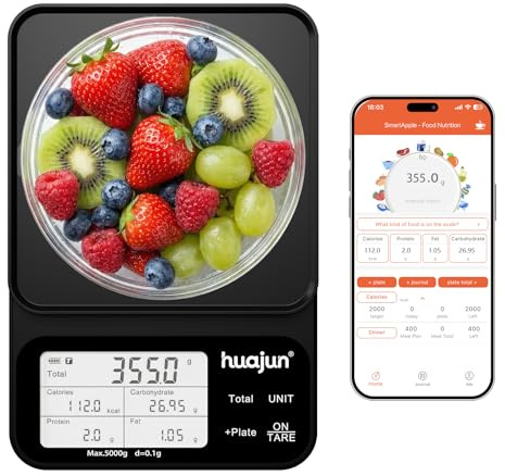 Küchenwaage Digital mit Nährwertberechnung, 5kg/0,1g Küchenwaage Bluetooth mit Kalorienzähler, App Smart Scale mit 30 Nährstoffe, Ernährungswaage mit LCD-Display für Gewichtsverlust,Fitness