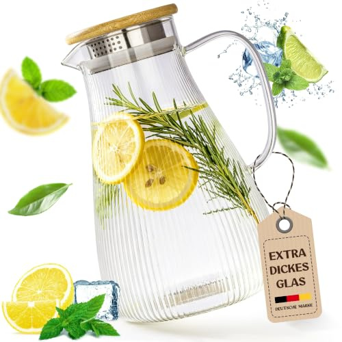 Happy Lemuro Glaskaraff med lock | Vattenkaraff 1,9 liter, tillverkad av förstärkt glas | glaskaraff för varma och kalla drycker | tekanna | vattenkanna med lock av bambu | kanna