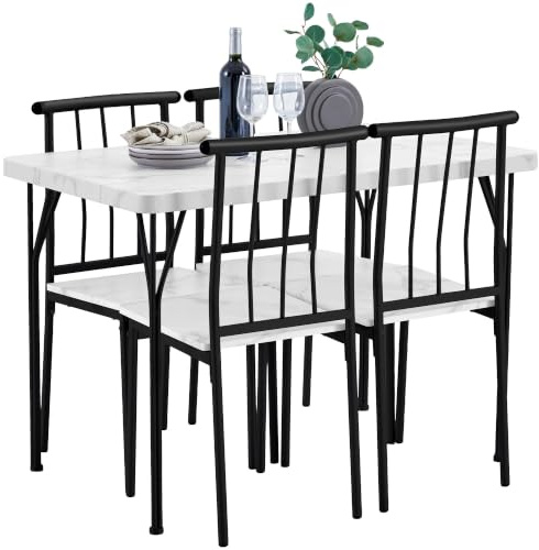 Soberine Tavolo da Pranzo con 4 Sedie, Set 5 Pezzi in MDF e Metallo per Sala da Pranzo, Cucina, Bar e Soggiorno per 4 Persone Bianco/Nero