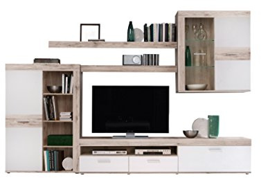 FORTE Zumba Wohnwand mit 2 Türen, 1 Glastür, 2 Schubkästen und 1 Klappe, Holzwerkstoff, Sandeiche / Weiß, 54 x 34 x 85.40 cm