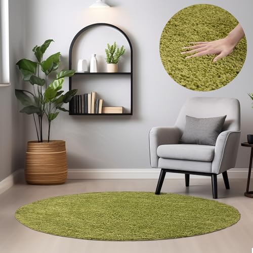 HomebyHome Shaggy Hochflor Teppich, 120 cm Rund, Grün, weich, flauschig, modern, einfarbig, Ideal unter Beistelltisch oder im Flur, für Wohnzimmer Schlafzimmer Flur