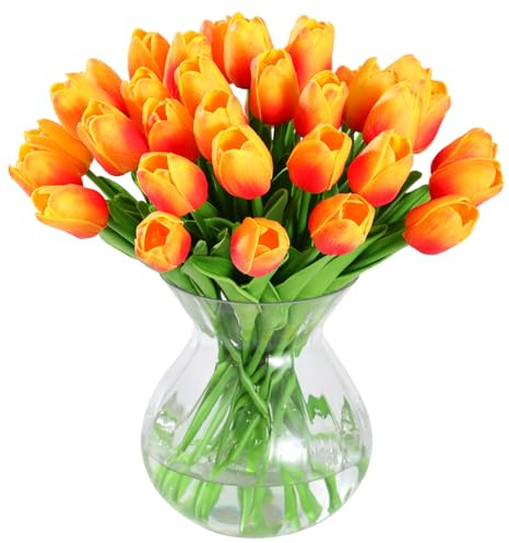 JUSTOYOU 20pcs Real Touch Latex Artificial Tulips Flowers Fake Tulips Flowers Wedding Bouquets for Wedding Home Garden Decoration(Orange)