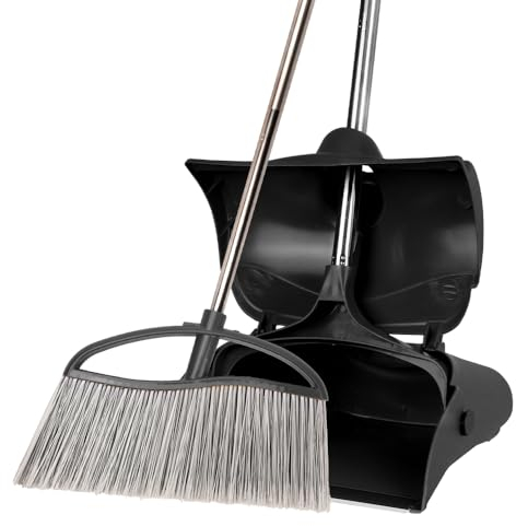 GLOYY Long Handled Broom and Dustpan Set Commercial Sweep Set and Lobby Broom Upright Grips Sweep Set with Broom, Adjustable Height，Black