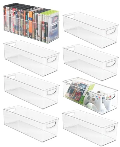 mDesign Plastic Video Game and DVD Storage Organizer - Game and Movie Disc Holder Bin with Handles for Home Media Console Stand and Closet Shelf - Ligne Collection - 8 Pack - Clear