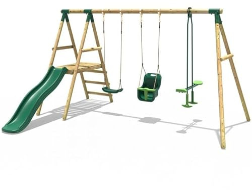 Rebo® Voyager Wooden Swing Set with Platform and Slide - Voyager | OutdoorToys | Baby Seat, Glider and Regular Seat | Sturdy Wooden Construction, Pressure Treated Timber