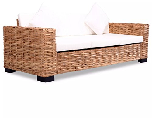 Tidyard 3-Sitzer-Sofa Rattan-Sofa Gartensofa Natürliches Rattan und Mango-Holz Loungesofa mit Sitz- & Rückenpolster und Kissen 200 x 80 x 67 cm