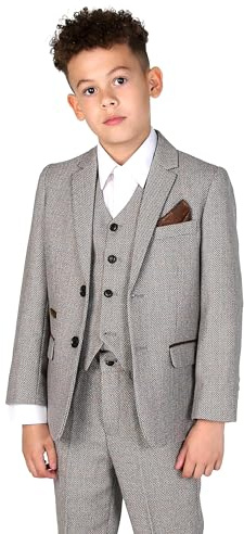 Boys Tweed Textured Retro Suit Tailored Fit 3 Piece Wedding Outfit Set in Cream & Grey, Age 12 Years