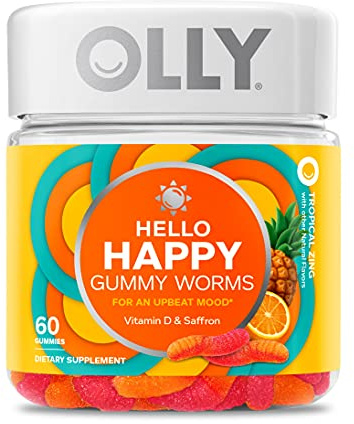 OLLY Hello Happy Gummy Worms, Mood Support Gummies For Adults,* Saffron Extract, Vitamin D, Tropical Zing Flavored, 30 Day Supply - 60 Count