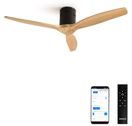 CREATE / WINDCALM M/Deckenventilator ABS Schwarz Hellesholzflügel-Optik mit WLAN und Fernbedienung / 40W, Leise, Ø132cm, Timer von 1 bis 4 Std., DC-Motor, Sommer-Winterbetrieb