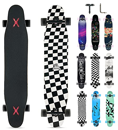 Opurtdor Longboard 118CM Profi Skateboard Komplettes Cruiser Trick 8 Etagen Ahornholz Wood Schwarzes Longboard für Anfänger Erwachsene Teens (Schwarzes weißes Raster)