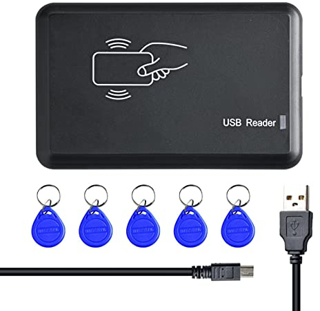 XTVTX RFID Lector de Tarjetas sin Contacto, USB Interfaz con 5pcs Llaveros RFID EM4100 125KHz EM Inteligentes Proximidad ID Card Reader para Control de Acceso
