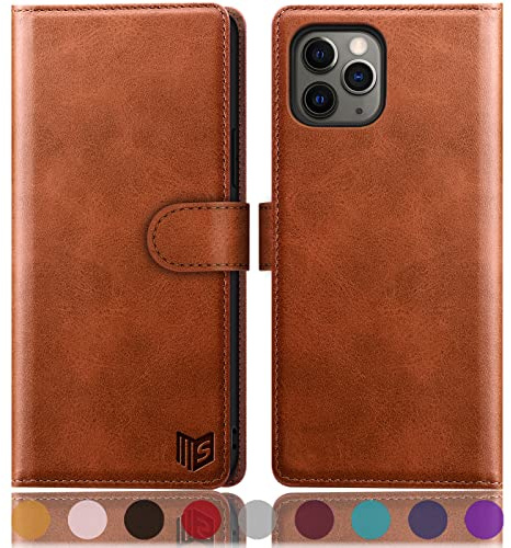 SUANPOT [RFID Schutz für iPhone 11 Pro 5,8-Zoll Hülle PU Leder Handyhülle Lederhülle Klapphülle Kartenfach Flip Cover für Apple 11 Pro Handy hülle Leather Wallet Phone Case Hellbraun
