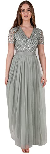 Maya Deluxe Women's Maxi Dress Ladies Bridesmaid V-Neck Ball Gown Short Sleeves Long Elegant Empire Waist Wedding
