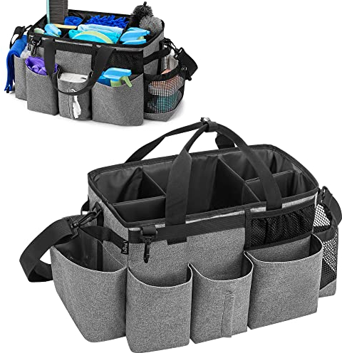 LoDrid Tote Reinigungstasche mit 4 Faltbaren Trennwänden, Tragbarer Reinigungsmittel Organizer mit Seitlichen Griffen und Schultergurt, Grau, nur Tasche