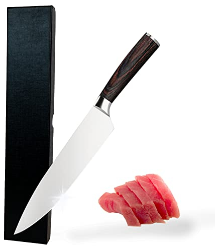 NATUMO Chefmesser Santokumesser, Profi Küchenmesser mit extrem scharfer Klinge, rostfreies Edelstahl Kochmesser mit Pakkaholz-Griff (ca. 34 cm)