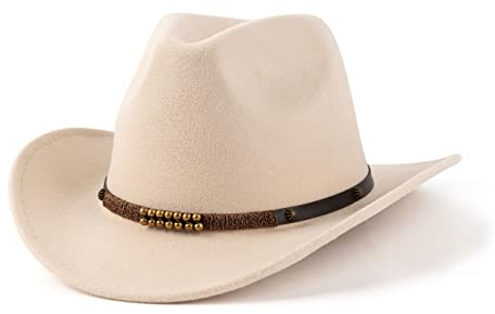 EOGIMI Western-Cowboyhut für Damen und Herren, Filz, breite Krempe, Panamahut mit Gürtelschnalle, Perlenband, cremefarben, Medium