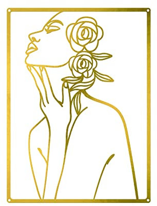 ORIGACH Goldene Frau Linie Kunst, 0,5 CM Dicker Moderne Abstrakte Weibliche Einzeilige Minimalistische Dekoration, Metall zum Aufhängen Wandskulpturen (Frauen Blume)