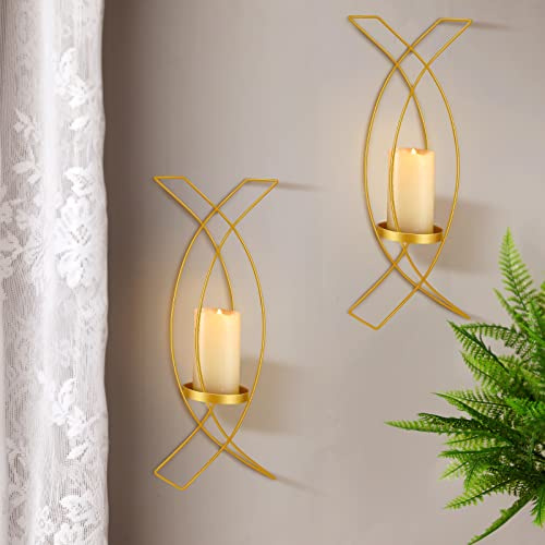 Kerzenleuchter Set mit Zwei Metall Wandleuchter Kerzenhalter Wandmontage Wandleuchter Dekorative Eisen Kerzenhalter für Wohnzimmer Schlafzimmer Esszimmer Wanddekorationen (Gold)