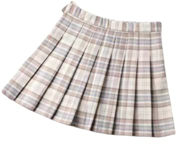 Gonna corta da donna a vita alta piegata plaid gonna skater tennis scuola gonna, beige., X-Small